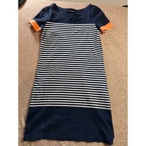 Brooks Brothers Blue White Stripe A-Line Dress M Orange Sleeves Preppy Coastal